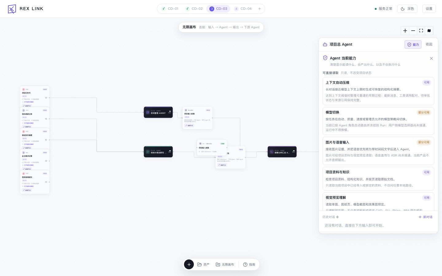 Rexlink 项目总 Agent 界面，显示 Skills、上下文引用与能力边界