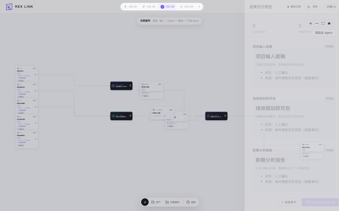 Rexlink 成果预览界面，显示三个正式成果及其来源和人工确认状态